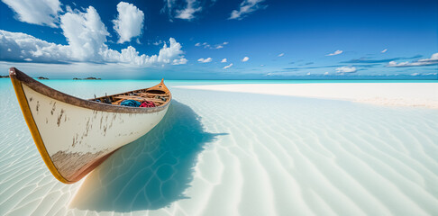 canoe on the tropical sandy beach. beautiful summer landscape of tropical island with boat in ocean.