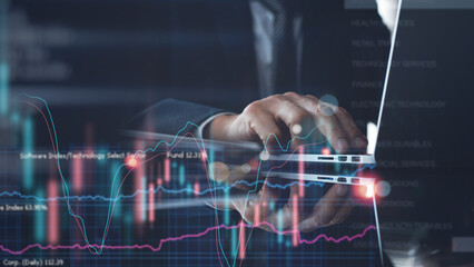 Business analysis, strategy and planning concept. Businessman, finance analyst working on laptop computer, business data and economic, economic growth, financial graph chart, stock market report