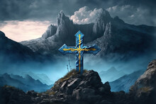 Cross And Ukrainian Flag On A Mountainous Backdrop