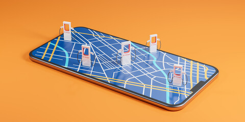 Wall Mural - EV charging station location mark on gps navigation map application, battery recharging service for electric vehicle in city, 3d rendering smartphone app charger  network concept