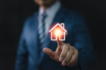 Aufkleber - Business, technology, internet, and networking concepts: businessmen pressing the real estate button on virtual screens