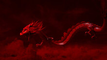 Lunar New Year Concept. Roaring Chinese Dragon Against A Cloudy Sky. Red Design With Copy-space.