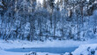© Вера  - The non-freezing part of the river between the ice and snow-covered banks. Steam over the water. Hoarfrost on boulders. Forest on a hill in snowdrifts. Altai. Katun