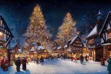 Christmas Village In Vintage Style. Winter Christmas Landscape. Digital Art