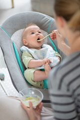 Wall Mural - Mother spoon feeding her baby boy child in baby chair with fruit puree. Baby solid food introduction concept