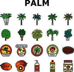 Sticker - palm oil tree leaf plant icons set vector. summer white coconut, green nature, beach exotic, branch forest, tropical foliage palm oil tree leaf plant color line illustrations