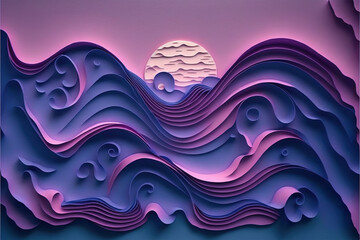 pink purple and blue ocean and waves, lavender sky with moon paper crafts, cutout scene of a wavy tide