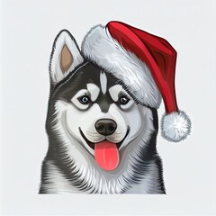 Wall Mural -  a husky dog wearing a santa hat with his tongue out and tongue out. Generative AI