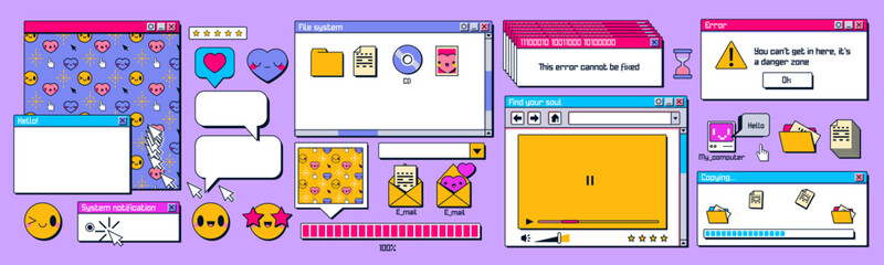Wall Mural - retro computer screen interface with windows, icons, message frames. old desktop pc screen elements,