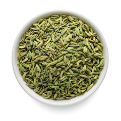 Wall Mural - Fennel seeds in white bowl isolated on white. Top view.