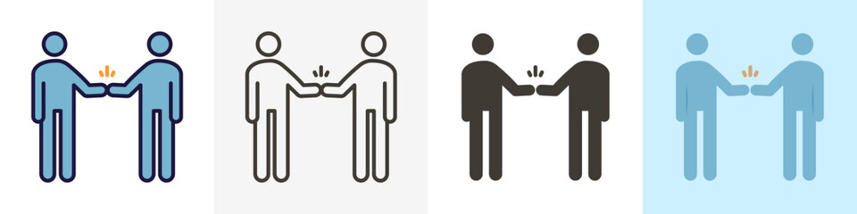 Wall Mural - Characters shaking hand. Fist bump. Vector trendy icon illustration design in 4 different styles. For teamwork, partnership, friendship, greetings, celebration.