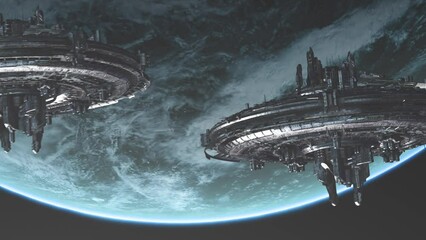 Wall Mural - Fleet of UFO Alien Spaceships Heading Towards Planet Earth for Invasion 4K
