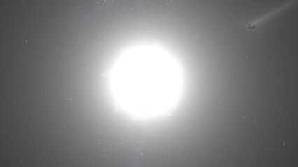 Wall Mural - Asteroid Rolling Towards The Sun with Light Rays Piercing Through and Visible Stars in Background 4K
