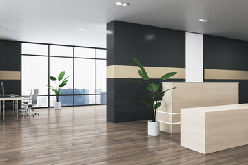 Clean office lobby interior with furniture, reception desk, window with city view and wooden flooring. 3D Rendering.