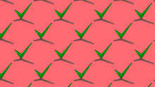 Seamless Graphic Pattern With Green Check Mark On Pink Background With Hard Shadow. 3D Rendering.