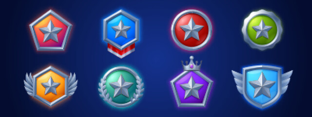 Game level icons, silver medals, stars, ui badges with wings, laurel and crown. Isolated award trophy for user experience and ranking. Bonus, reward, achievement and prize vector illustration, set