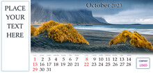 October 2023. Desktop Monthly Calendar Template With Place Logo And Contact Information. Set Of Calendars With Amazing Landscapes. Lush Yellow Grass On Black Sand Dunes, Stokksnes Cape, Iceland.