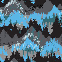 Abstract grunge seamless vector pattern with mountains and forests.  Hand-drawn print for textiles, sportswear, wrapping paper and more