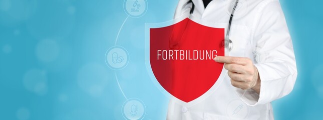 Wall Mural - Fortbildung in der Medizin. Arzt hält rotes Schutzschild umgeben von Icons im Kreis. Medizinisches Wort im Symbol