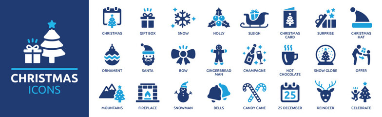 christmas icon set. xmas elements with snow, santa claus, gift box, candy cane, bells, christmas tre