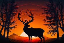 In The Midst Of A Fiery Sunset, A Horned Deer Stands Out In Silhouette.