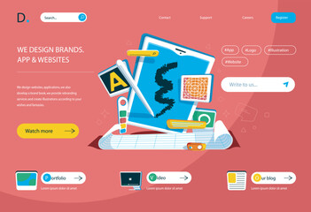 Designer studio concept in flat cartoon design for homepage layout. Agency creating of websites generate idea, drawing, making ui ux visualization. Vector illustration for landing page and web banner