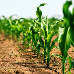 Green small corn sprouts in cultivated agricultural field, low angle view. Agriculture and cultivation concept.