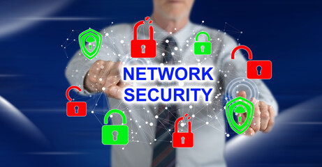 Poster - Man touching a network security concept