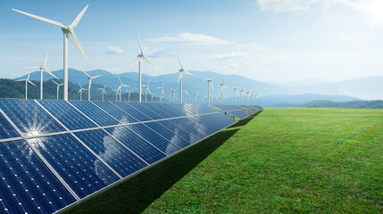 solar panels and wind generators under blue sky