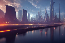 City On An Alien Planet, Extraterrestrial Buildings In Beautiful Landscape