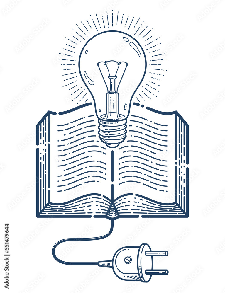 Open book with idea light bulb and cable plug vector linear icon ...
