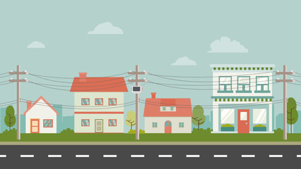 Wall Mural - City street and store buildings with Power pole vector illustration. Urban and town landscape. Cute House in country with nature landscape