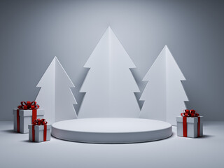 Poster - Blank white christmas product podium pedestal background concept or blank product display stand platform showcase isolated on dark white background with shadow minimal conceptual 3D rendering