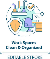 Wall Mural - Clean and organized work spaces concept icon. Avoiding occupational accidents tip abstract idea thin line illustration. Isolated outline drawing. Editable stroke. Arial, Myriad Pro-Bold fonts used