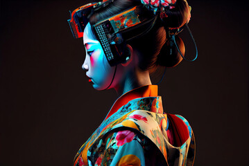 An imaginary side view image of futuristic cyber Japanese Geisha