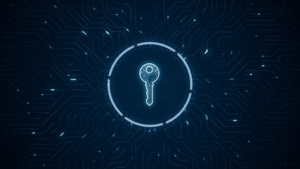 Wall Mural - blue digital security key logo and futuristic technology circle hud with circuit board and data tran