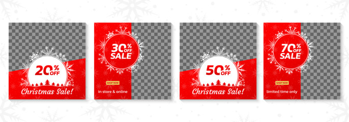 Wall Mural - Christmas sale banner set. Xmas discount or promotion card template. Social media post, promo frame or border collection. 20, 50, 60 70 percent price off. Winter background. Vector illustration.