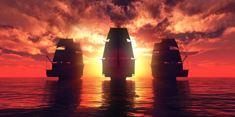 Wall Mural - old three ships sunset at sea, 3d rendering