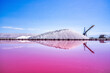 Salt production, pink lagoon and hills in the Mediterranean sea is located in Aigues-Mortes . Camargue, France. Hight quality photo