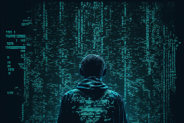 hacker in a dark hoodie and a laptop, cyber secruity, digital, technology, dark background, glowing 