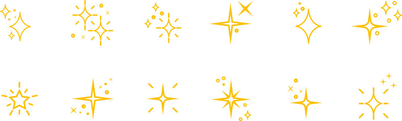 Wall Mural - Set of sparkles star icons.Christmas star icon.Star png.Bright firework.Light icon set.Flash,shine sparkle icon,glare,blink star.Golden and yellow star icons isolated on white background.