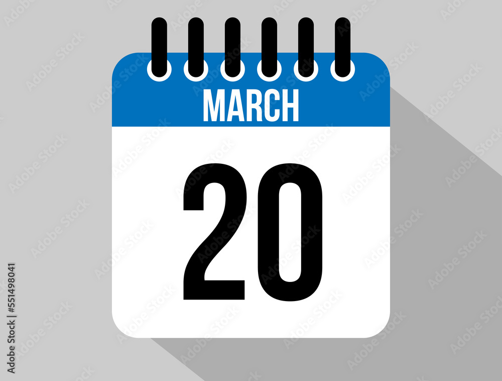20 March calendar vector icon. Blue March date for the days of the ...