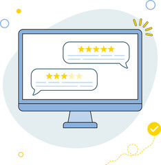 Wall Mural - Customer reviews. User reviews bubble on computer. Feedback, experience concept. Online review notifications with star ratings. Flat style illustration