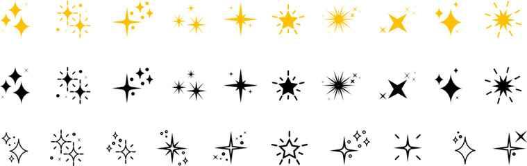 Wall Mural - Set of sparkles star icons.Christmas star icon.Star png.Bright firework.Light icon set.Flash,shine sparkle icon,glare,blink star.Black and yellow star icons isolated on white background.