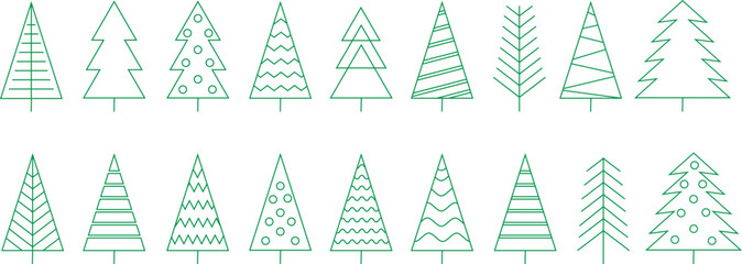 Fototapete - Set of green christmas tree line icons .Christmas tree with a stars. Vector linear simple christmas tree icons collection isolated on white background.