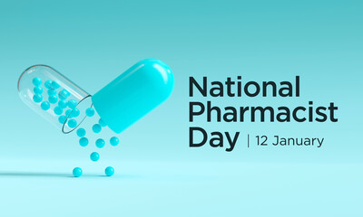 Wall Mural - National Pharmacist day is observed every year on 12 January, The day focuses on the importance of pharmacists, and it honors how much they impact our health and well-being. 3D Rendering