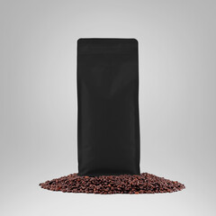 Wall Mural - Black gusset packaging mockup with degassing valve, presentation of stable pouch on coffee beans, isolated on background.