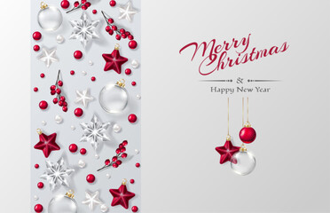 Wall Mural -  Christmas decorative border and background made of festive decoration elements. New Year concept. White and red color