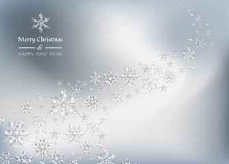 Wall Mural - Vector realistic transparent wave of snowy wind with glass snowflakes. Sparkling translucent crystals border with vector realistic transparent Christmas snowflake decoration 