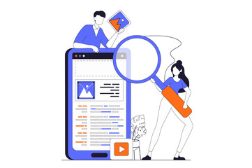 Fototapete - App development concept with people scene in flat outline design. Man and woman designing app interface and working with content and buttons. Illustration with line character situation for web